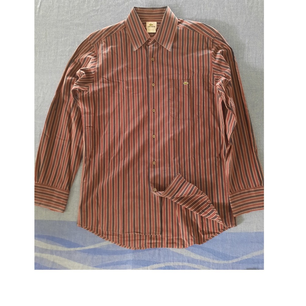 Lacoste Mens Striped Long Sleeve Button Down Shirt Burgundy Navy Blue Size 40